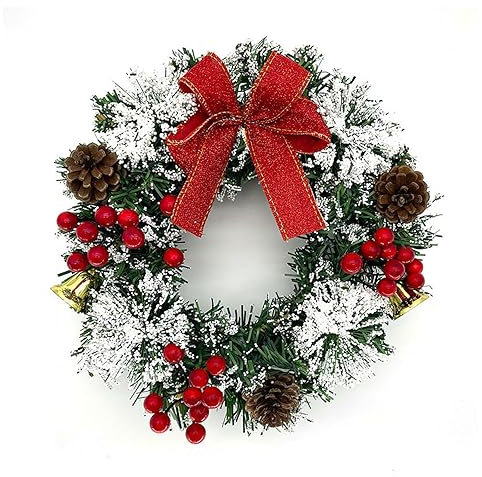 FUNFANG Ghirlanda Natalizia per Porta Anteriore, 20,3 cm, Artificiale, Invernale, da Appendere all'Ingresso e alla Finestra, con Pigne, Campanelle, Bacche, Fiocco