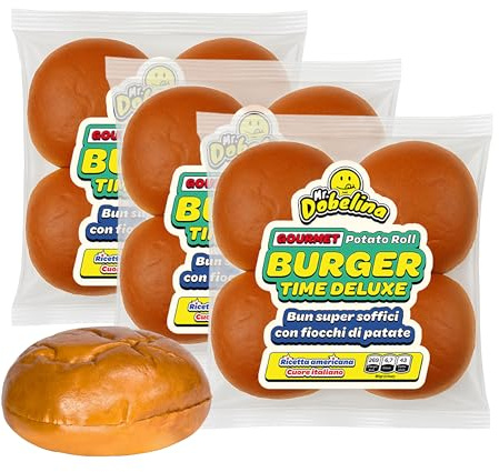Mr.Dobelina Gourmet-Kartoffelbrötchen, 3 Packungen à 4x80g, 11cm, weiche und leckere Brötchen Made in Italy, ideal für American Burger, Smash Burger und kreative Sandwiches