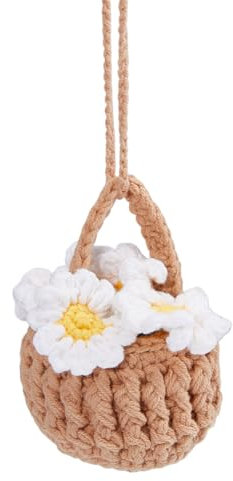 HOBBIESAY 1Pc Cute Crochet Plant Hanging Handmade Knitted Hanging Ornament Rear View Mirror Hanging Accessories Boho Flower Basket Car Decoration for Automotive Interior Decor