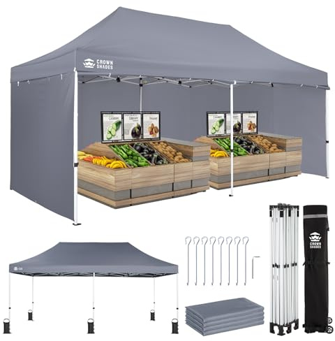 CROWN SHADES 10x20 Pop Up Canopy Tent, Thicken Frame Commercial Heavy Duty Tent, 4 Sidewalls 8 Stakes & 4 Sandbags & 4 Ropes, Outdoor Canopies for Events, Parties, Gray