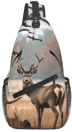 Umhängetasche mit ägyptischen Pyramiden für Herren, Cross-Brusttasche, Umhängetasche, Reisen, Wandern, Tagesrucksack, Brauner Hirsch in der Nähe des verwelkten Baumes, Einheitsgröße, Sling-Rucksäcke