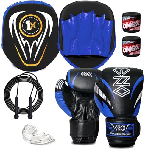 Boxing gloves and pads set Focus Punch Mitts MMA Training Sparring Hook and Jab strike Pads for Boys & Girls target with Punching Gloves (BLU/BLK + 6OZ BLU 2023)