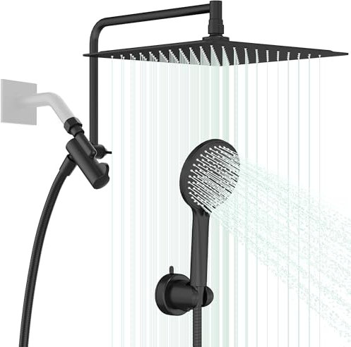 Kurpot Cabezales de ducha dobles con rociador de mano, cabezal de ducha de lluvia de acero inoxidable de 10 pulgadas con mano, modo de ducha 3+3, brazo de extensión de ducha ajustable de 13 pulgadas y