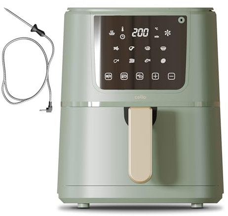 Cello 4 Litre 1400W Green Digital Air Fryer with In-Built ProChef Food Thermometer, 8 Presets, Grill, Roast, Bake, Recipes included, Non-Stick, Touch Control, Compact, Dishwasher Proof, 2024 model