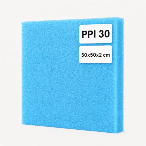 VIALIA Filtermatte Teich & Aquarium, 50x50x2 cm, PPI 30 fein | Zuschneidbarer Filterschwamm für Teichfilter und Aquarium – mechanische & biologische Filterung für klares Wasser