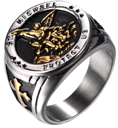 JewelryWe Heiliger Michael Ring Herren Edelstahl Herren-Ring Erzengel St. Michael Amulett Kreuz Schutzpatron Siegelring Retro Band Bandring Christliche Religiöse Schmuck Geschenk
