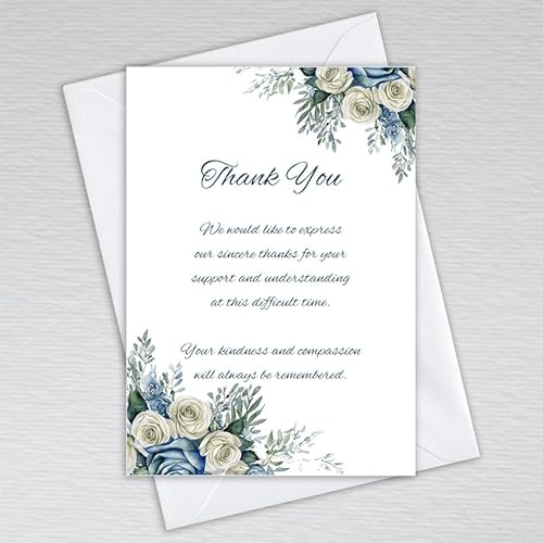 Webspectations Funeral Thank you cards with a floral theme and special wording thanking for support and sympathy: Dusty Blue Rose Funeral Thank you cards (Pack of 20 with Envelopes)