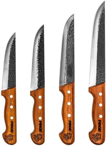 Pirge Elite Handgeschmiedet Schlachtermesser Set mit Lederscheide 4 TLG Metzgermesser - Fleischermesser - Stechmesser - Exzellenter Schärfe Edelstahl Küchenmesser - Naturholz Griffdesign