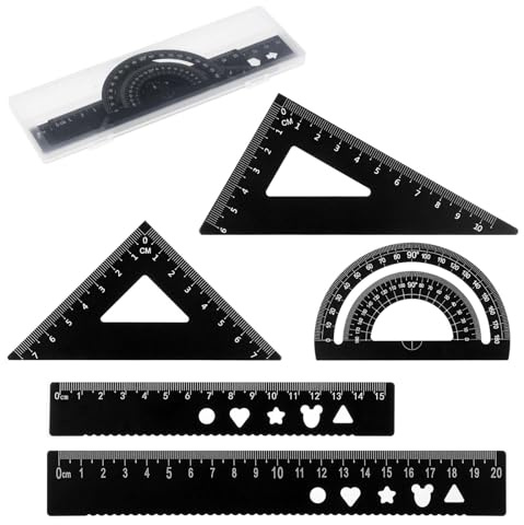 AOUZO 5 Stück Lineal Set aus Aluminiumlegierung, Metall Geometrie Dreieck Lineal Set, Lineal Winkelmesser Set für Schüler Lehrer Ingenieure und Zeichner