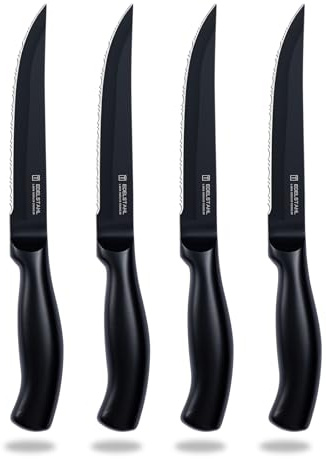 targzier Steak Knives Set of 4,Stainless Steel Steak Knife,Serrated Edge Knife,Sharp Forged Kitchen Knifes,Anti Slip&Scratch Resistant,Black