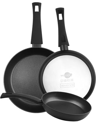 WECOOK! Ecogreen Set de 3 Sartenes Antiadherentes, 18-22-26 cm, Negro | Aluminio prensado 3 mm, XYLAN Plus sin PFOA, inducción/vitrocerámica/gas/eléctrica, mango Soft Touch, apto lavavajillas