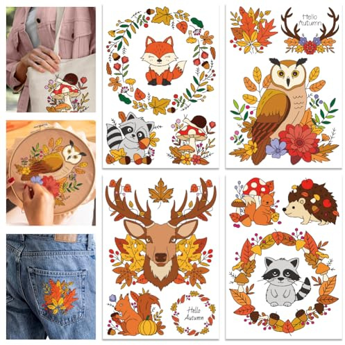 GLOBLELAND 4 Blatt A4 Farbig Herbstwaldtiere Stickvlies Wasserlöslich Selbstklebend Blumenkranz Stickmuster Stickaufkleber Stickvorlagen Bedruckbare Stickereipapier für DIY Projekte Stickerei Anfänger