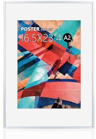 A2 Poster Frame,16.5x23.4 White Thin Aluminum Picture Frames with Polished Plexiglass,Easy to Hang,Display Picture A2 without Mat or A3 with Mat for Wall Mounting Horizontally and Vertically