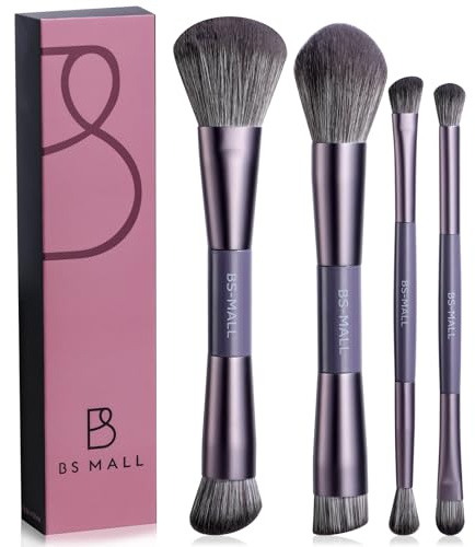 BS-MALL 4 Pcs Portable Double-ended Makeup Brush Set - Luxury Eyeshadow Brush, Concealer Brush, Blush brush & Foundation brush for Lightweight Multi-purpose Daily Use (Purple)