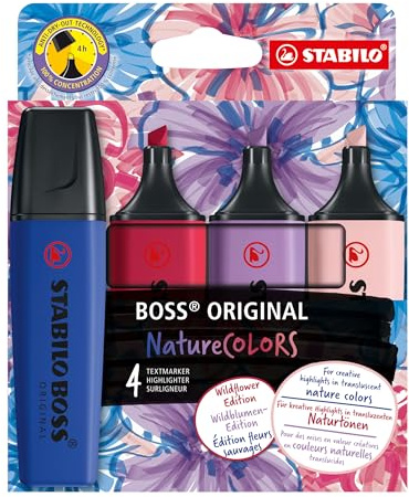 STABILO BOSS ORIGINAL NatureCOLORS Wildflowers Edition - Highlighter - Pack of 4 - Blush, Burgundy, Grey Violet and Ultramarine