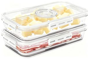 Käsedose und Wurst Aufbewahrung Kühlschrank 2er Set – Aufschnittbox mit Abtropfeinsatz und Timer, Luftdicht, Stapelbar & Transparent, Ideal als Aufschnittboxen für Kühlschrank für Käse und Wurst