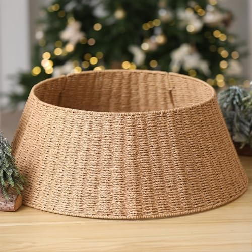 Base Copri Albero di Natale in Rattan Naturale – Ø 58 cm x H 25 cm – Elegante Copertura per Piedistallo Albero, Stile Rustico Boho, Decorazione Natalizia Raffinata per Casa, Hotel e Vetrine