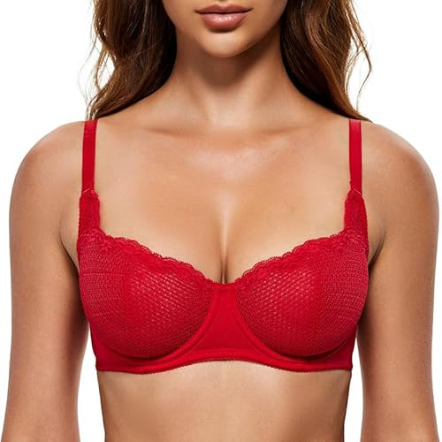 Wingslove Reggiseno con Ferretto in Pizzo Reggiseno Trasparente da Donna Reggiseno a Balconcino Rosso Lava 4C