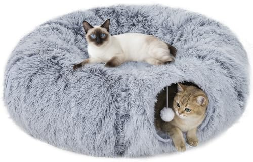 PawHut Katzentunnel 2-in-1 Katzenspielzeug für Katzen unter 5 kg Hellgrau | mit Spielball, Katzenhöhle, Rascheltunnel, 2 90cm Langen Tunneln, Maschinenwaschbarem Katzenbett