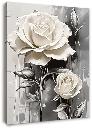 Framed Canvas Wall Art for Living Room, Elegant White Rose Floral Artwork, Modern Gray and Beige Flower Decoration, Canvas Wall Art for Bedroom or Hallway with Hooks and Magic Tape, 12x16 Inch