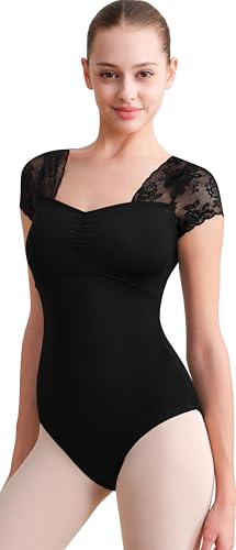 Mulnall Damen Ballett Leotard mit Mesh zurück, schwarze kurzärmelige Spitze Panel Tanzkleidung(237118-06-L)