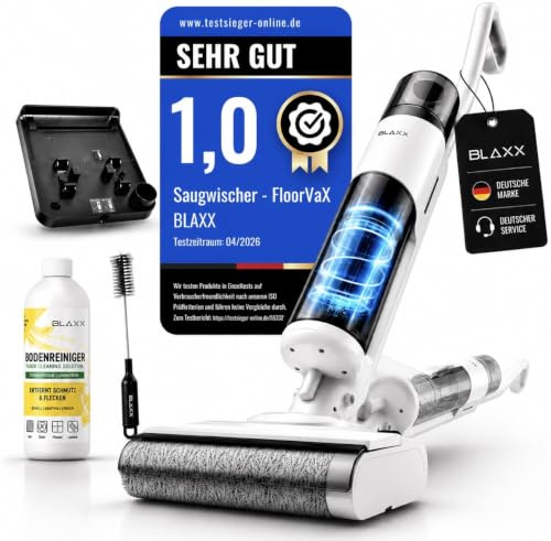 BLAXX FloorVaX Aspirateur eau et poussière | Aspirateur sans fil pour sols durs | Plats à 180° sous les meubles | Auto-nettoyage | Réservoir 800/450 ml | Brosse anti-enchevêtrement | Poils d'animaux |