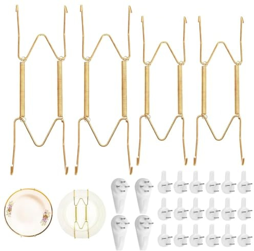 MIRKUZI 4 crochets pour assiettes, 4 clous sans trace et 16 manchons de protection transparents. Support mural pour assiettes décoratives et objets décoratifs