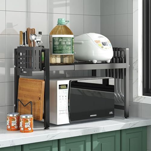 ViWaVee Estantería Expandible para Microondas de 2 Niveles, Estantería de Microondas de Acero al Carbono, Estantería de Cocina de Pie con Portapalillos y Portatablero de Corte, Extensible de 40-60cm