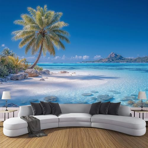 Fotomural Palmeras Playa 300x210cm papel pintado TNT, fotomural panorámico Isla Tropical, Mural de Pared, Decoración de Pared para Salón y Habitación