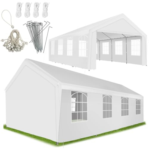 tectake® Tonnelle de Jardin imperméable 8x4 m, Pavillon de Jardin avec système d'emboîtage Solide et résistant, Panneaux latéraux Amovibles, Cordes de Serrage et Piquets, Protection Anti-UV - Blanc | 2 parois latérales et 2 panneaux avant amovibles, larges fenêtres, bâche indéchirable, système à encliquetage, blanc