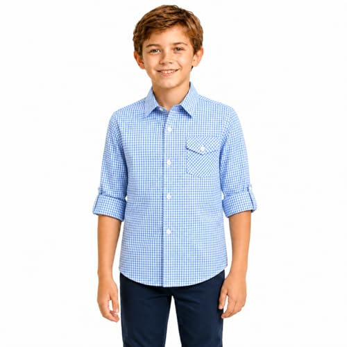 BIENZOE Jungen Baumwolle Plaid Knopf Unten Hemd hellblau Größe 3/4