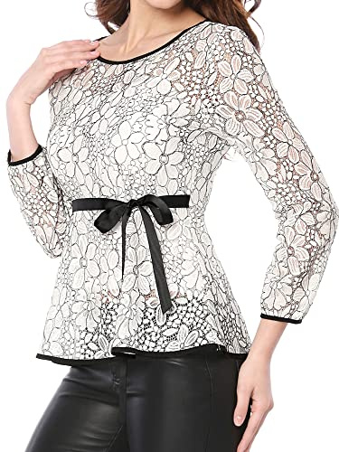 Allegra K Blusas Tops Peplum De Encaje Semitransparente De Manga Larga con Cintura Anudada para Mujer Blanco XL
