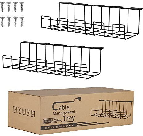 2 Packs Cable Management Tray, 40cm Under Desk Cord Organizer for Wire Management, Metal Wire Cable Holder for Desks, Offices, and Kitchens (Black)