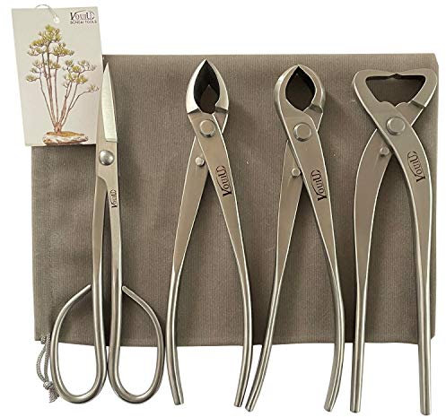 vouiu - Set di 4 attrezzi per bonsai, include tronchese concava, tronchese sferica, tagliarami e forbici per bonsai