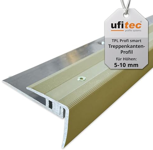 ufitec® Profi smart profilsystem för vinylgolv, Golvlist – lämplig för belägghöjder på 5–9 mm – anodiserad aluminium (trappkantprofil | längd: 100 cm, guldljus)