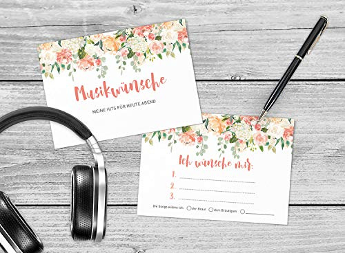 DeinWeddingshop 50 Musikwunschkarten A6 Musikwunsch, DJ-Karten für Hochzeit - Hochzeitsfeier, Gäste-Wünsche, Hochzeitsspiel, Premium-Papier - 10,5 x 14,8cm (Watercolor Floral)