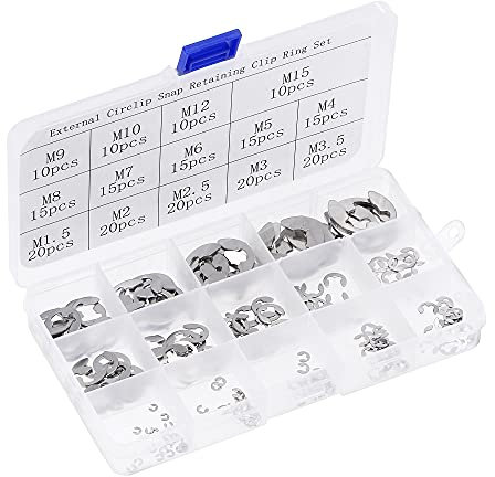 sourcing map E-Clip Seguridad Anillo - 215uds 14-Tamaños Externo Retención Eje Retención Anillo Arandela 304 Acero Inoxidable Surtido Juego Plata- Tamaño: 1.5mm a 15mm
