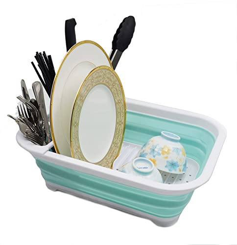 SAMMART 7.5L Collapsible Dish Drainer - Foldable Drying Rack Set - Portable Dinnerware Organizer - Space Saving Kitchen Storage Tray (1, Weiß/Seegrün (W/O Basisplatte))