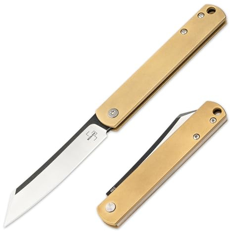 BÖKER PLUS® Zenshin Taschenmesser - Reverse Tanto Klappmesser im Higonokami Stil - Taschenmesser im Japan Design - EDC Vollmetal Messer in Geschenk-Box (Zenshin Messing)