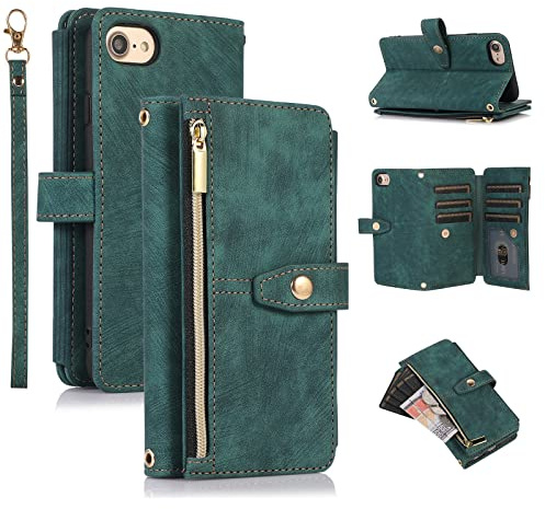 UEEBAI Hülle für iPhone 7/8/SE, Leder Klapphülle, Retro Grün | 9 Kartenfäche Lederhülle mit Umhängegurt Handschlaufe Ständer Reißverschluss Handyhülle Magnetverschluss Wallet Flip Case
