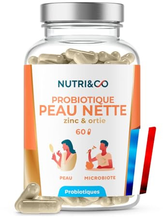 NUTRI&CO Probiotique Peau Nette | Imperfections & Sébum | 60 Gélules | Zinc Bisglycinate + Ortie + Probiotiques Brevetées | Axe Microbiote-Peau | Vegan | Fabriqué en France