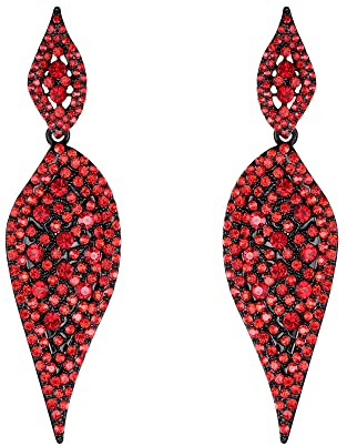 EVER FAITH Damen Blatt Ohrringe mit 2 Blättern rund voller Kristall Art Deco durchbohrt Tropfen Kronleuchter lange Ohrstecker für Party Rot Schwarz-Ton