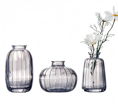 Kleine Blumenvase, Glas, Grau, Dekorative Mini-Vase, Hochzeit, Taufe, Geburtstag, Muttertagsgeschenk, 3 Stück