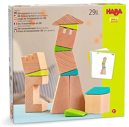 HABA Kids Building Blocks Set Crooked Tower, 19 Wooden Blocks and 6 Wedges with Pattern Cards for Toddlers 4+, Wood Stacking Toys Made in Germany