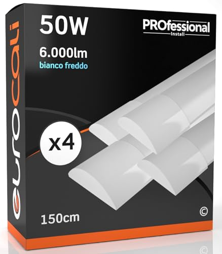 Eurocali Plafonnier LED Réglette Linéaire 150cm 50W Linéaire 6000 Lumens - Lumière Blanc Froid 6500K - Pack de 4 Plafonniers