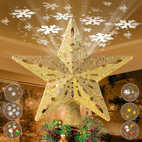 Weihnachtsbaumspitze Lichtstern mit 3D rotierenden Schneeflocke Projektor Lichter 2-in-1 Gold Glitzernde Stern Baumspitze Schneefall LED-Lichter für Zuhause Urlaub Party Weihnachtsbaum Dekorationen