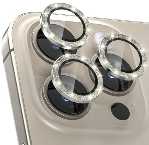 CloudValley [3 Pièces Protection Objectif Caméra Arrière pour iPhone 15 Pro 6,1'' & iPhone 15 Pro Max 6,7'', Accessoire Verre Trempé Anti-rayures Ultra Résistant Film, Pailleté Titane naturel