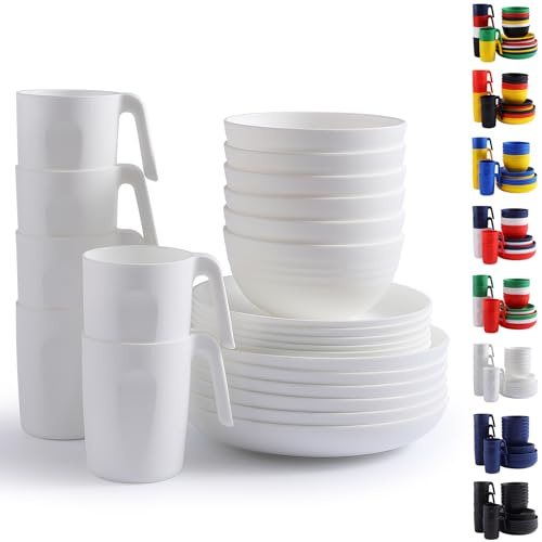 Berglander Weißes Plastikgeschirr Sets 24 teiliger für 6 Personen, wiederverwendbare Teller und Schüsseln mit Speisetellern, Desserttellern, Müslischalen, Tassen für Zuhause, Garten, Picknick