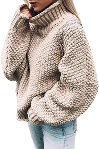 CYXZX Pull col roulé, pull femme, pull uni femme, chaud, pull grosse maille, pull tricoté, gros pull oversize femme, haut, pull hiver, gros tricot, pull femme(Beige,L)