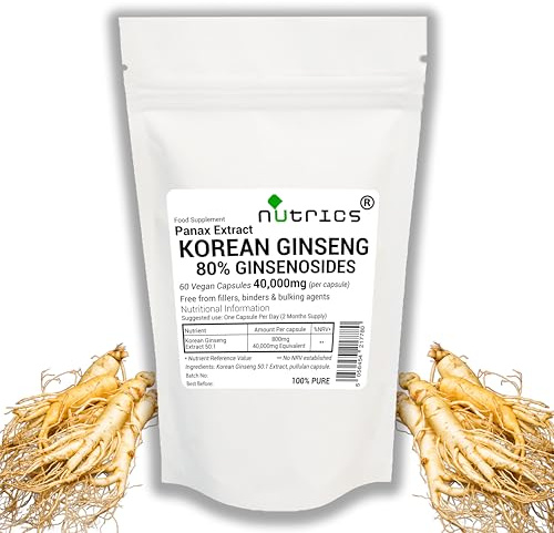 Nutrics® 80% Ginsenosides 40,000mg (per Capsule) Korean Ginseng 50:1 PANAX Root Extract Supplement Pure Vegan Capsules - No fillers Gelatinised Ginseng Supplement 60 Capsules (2 Month Supply)